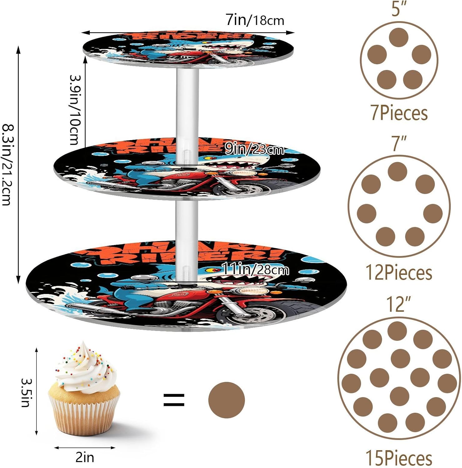 Shark Motorcycle 3 Tier Acrylic Cupcake Stand, Cupcake Stand for 34 Cupcakes for Weddings,Christmas,Holidays,Parties,Birthday,Printed Cupcake Tower 23300713