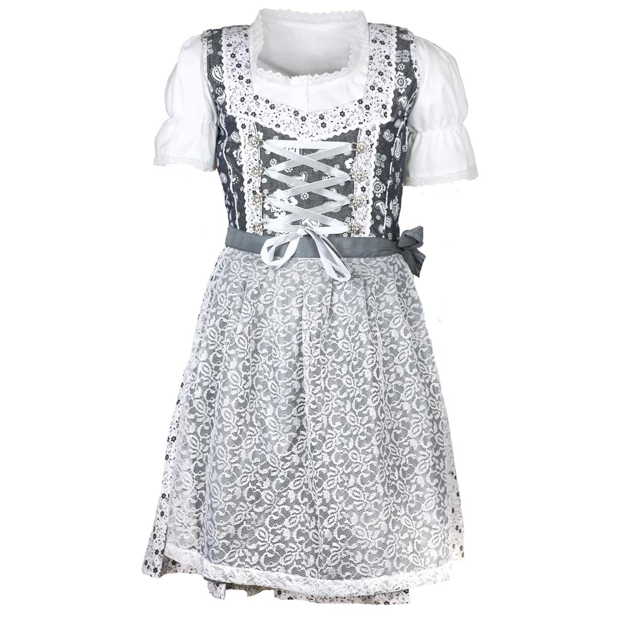 Mädchen Dirndl Yvonne - 3 teilig Kinderdirndl Blüten mit Trachtenbluse und Spitzen Schürze Kinder