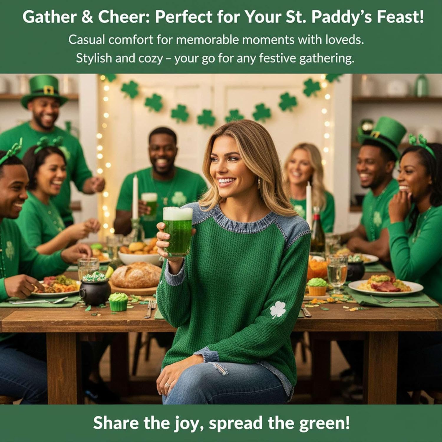 St Patricks Day Womens Shirt Shamrock Printed Graphic Polyester Tops Denim Patchwork Long Sleeve Waffle Knit Pullover - Image 7