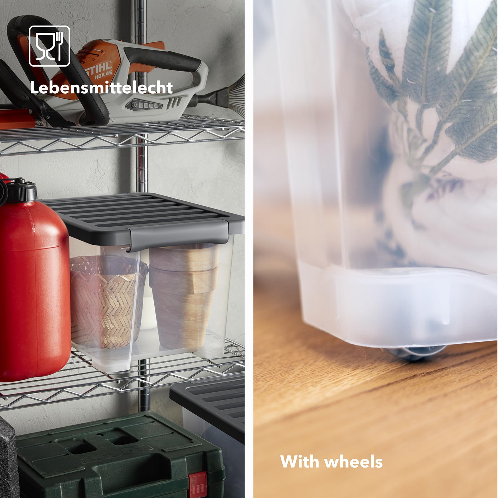 Rotho 4er-Set Core Plus Aufbewahrungsboxen mit Deckel 44l - Boxen Stapelbar | Transparente Kunststoffkiste 59x39,5x28 cm mit Griffen für Keller & Büro, 44 Liter Ordnungssystem mit App-Anbindung