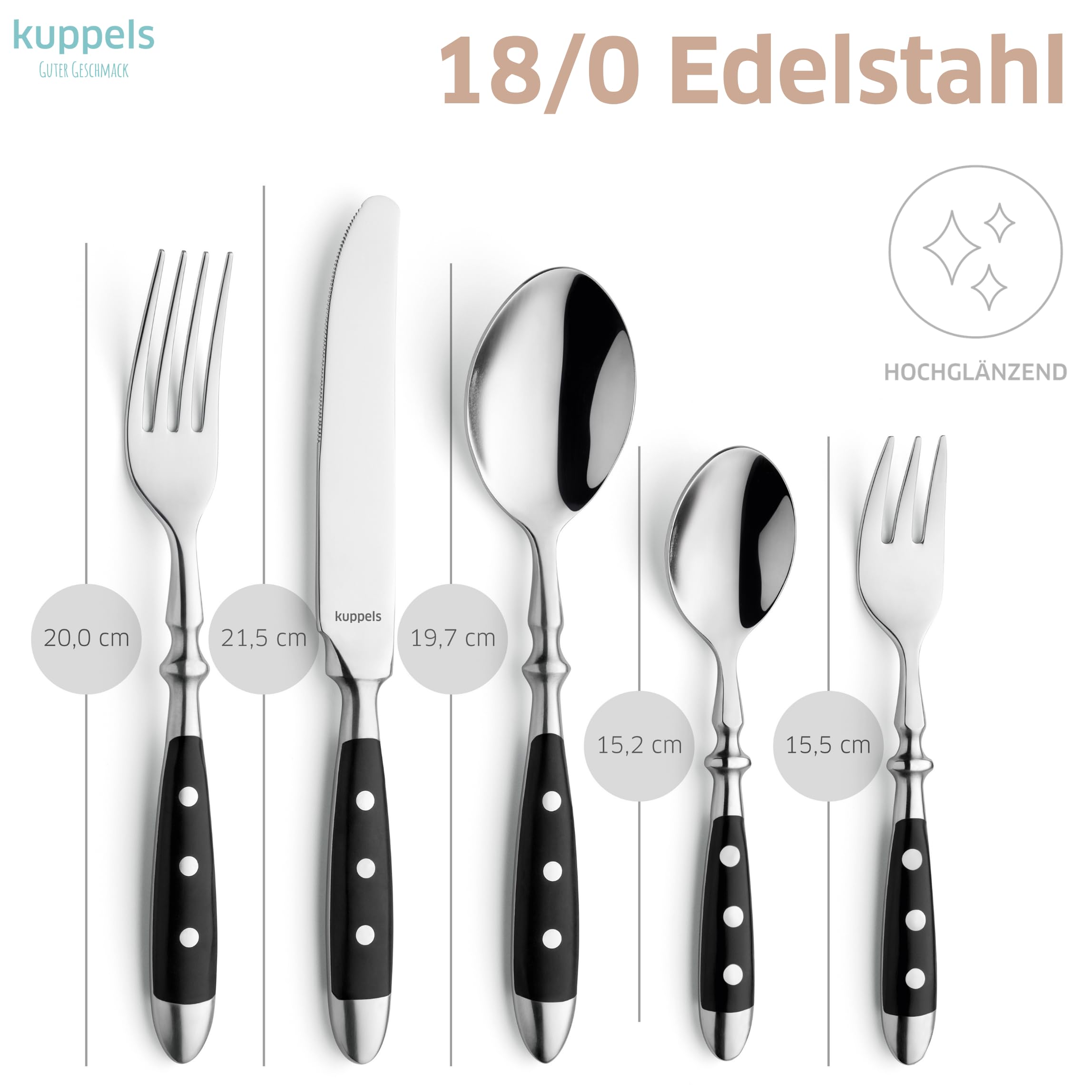 Kuppels COUNTRY Besteck Set 30-teilig, schwarze Kunststoffgriffe genietet | Edelstahl 18/0, hochglanzpoliert und spülmaschinenfest – rustikales Landhaus-Besteck ideal für 6 Personen