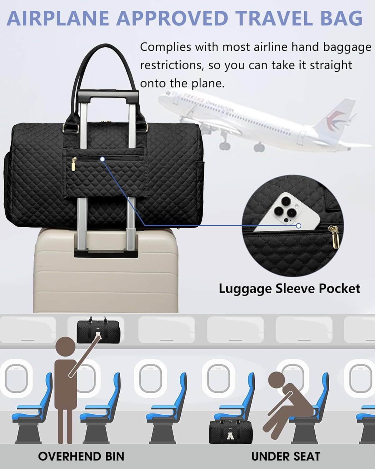 Women Weekender Travel Duffle Bag: Initial Duffel Overnight Bags with Shoe Compartment Large Carry on Tote with Toiletry Bag Weekend Traveling Yoga Gym Hospital Bag for Women with Wet Pocket Letter A - Image 5