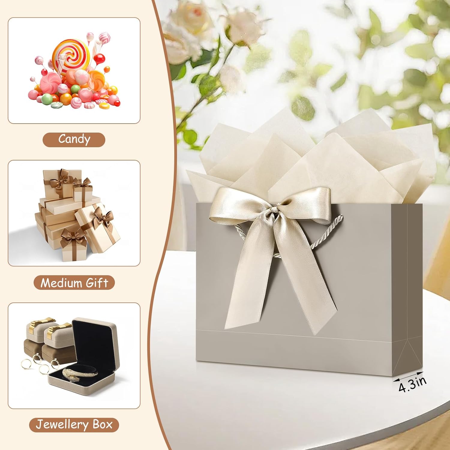 YoungTree 2PCS Medium Gift Bags with Ribbon and 2 Greeting Cards 4 Tissue Papers, Paper Birthday Gift Bags with Handles, Present Bags for Valentines Day Wedding Baby Shower Party Supplies (Champagne) - Image 5