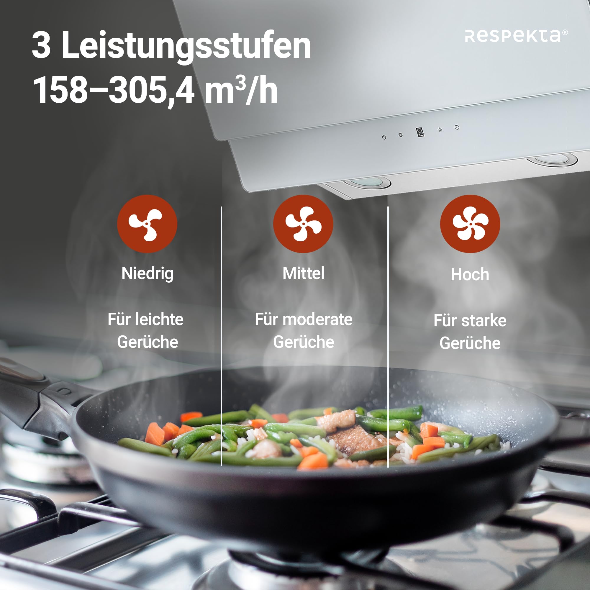 Respekta Dunstabzugshaube kopffrei/Haube schräg 60 cm/Edelstahlgehäuse mit Glasschirm in Weiß/Abluft - und Umluftfunktion / CH77060WA / A / 53–66 dB