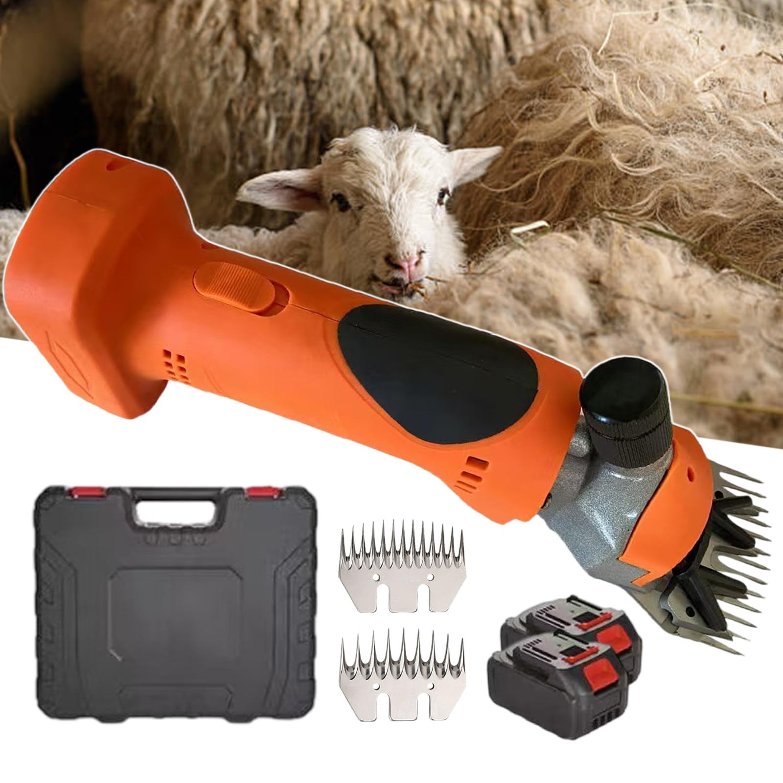 Tosatrici Professionali per Pecore per Lana Spessa - Tosatrici Elettriche per Bestiame da 550w, 2800 Giri/Min Ad Alta velocità, per Capre, Alpaca, Pecore, con 2 Lame Orange-2Batteries