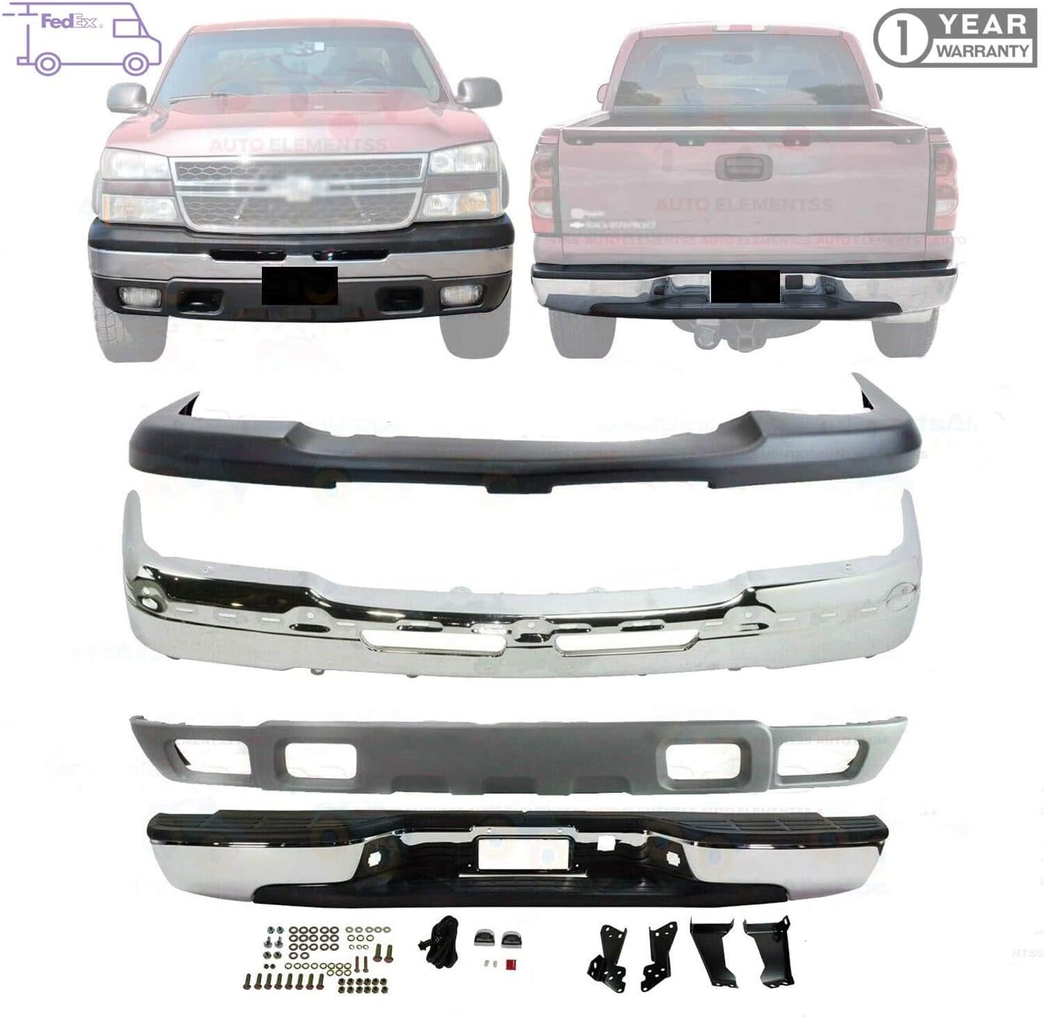 Front Bumper Face Bar Chrome + Lower Valance Primed + Extension Filler + Signal Lights For 1999-2002 Toyota 4Runner Base / SR5 Models Direct Replacement
