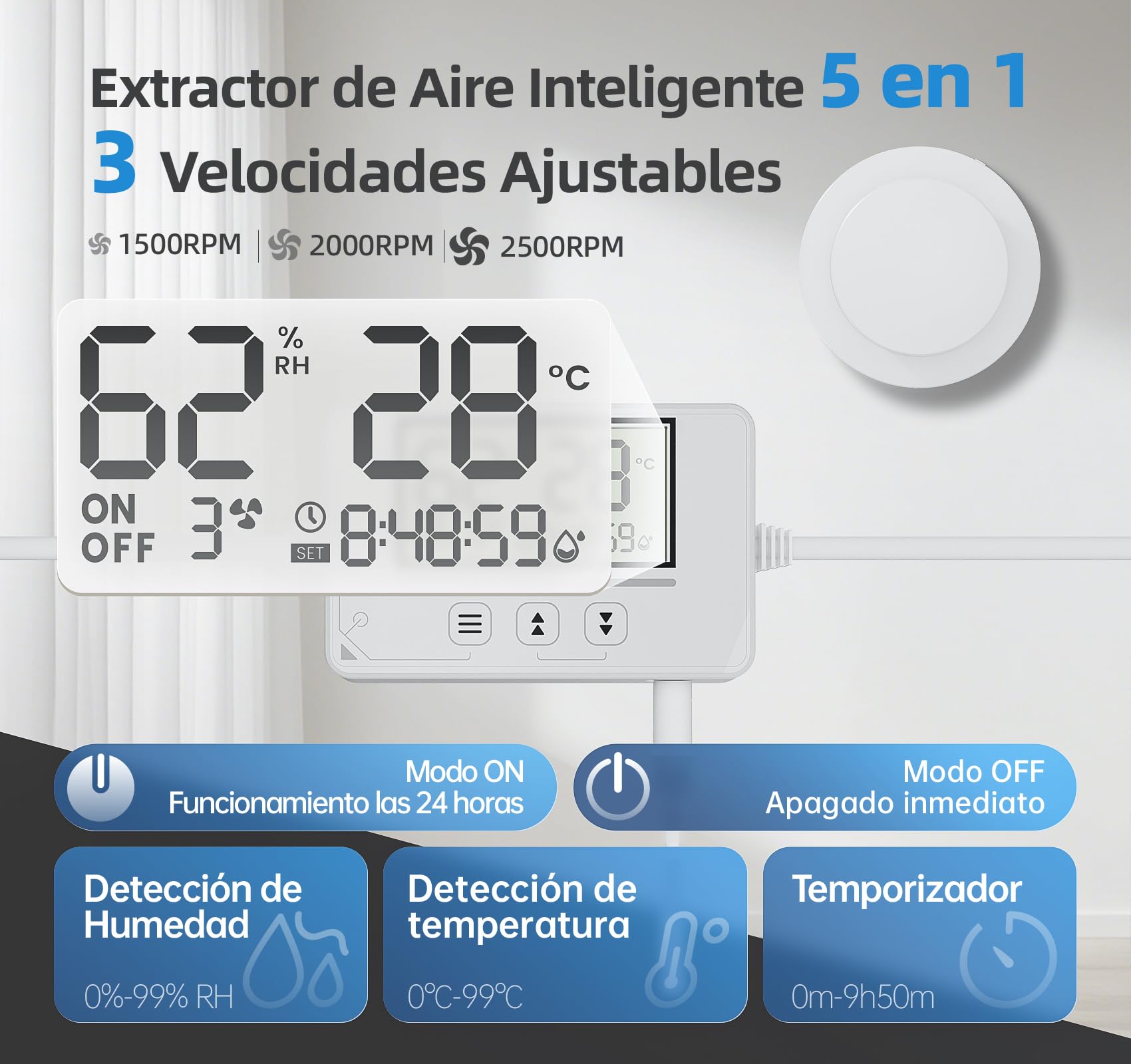 Extractor de Baño 100mm, 5 Modos, 3 Velocidades, Mando a Distancia, Pantalla en Tiempo Real de Temperatura y Humedad, Ventilador Extractor con Temporizador, Silencioso Potente para Cocina RU109