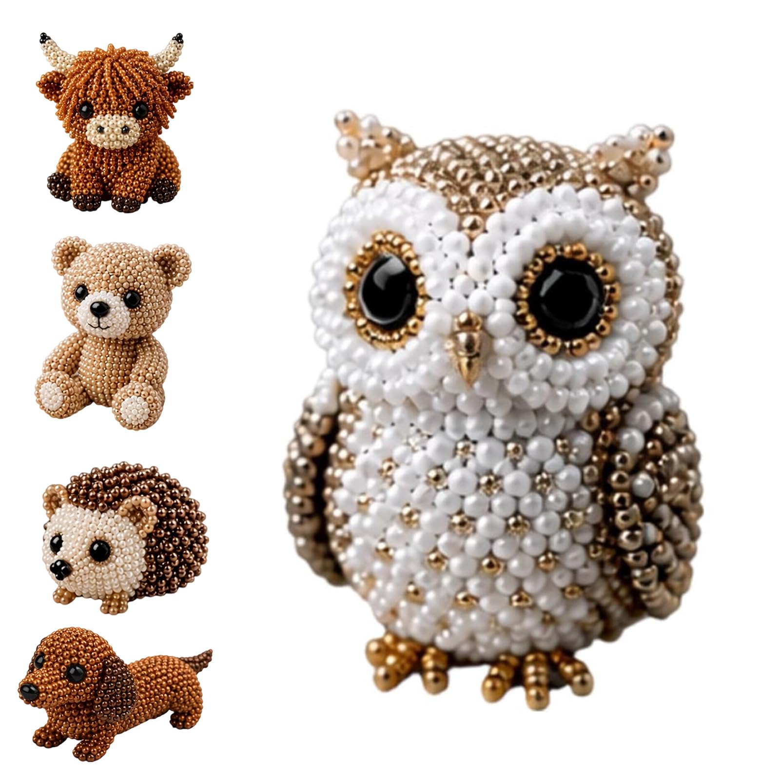 exylosluxek 3D Beaded Animals Owl Craft Decoration Kit, Bead Components for One 3D Owl Figurine, White Gold Black Home Decor