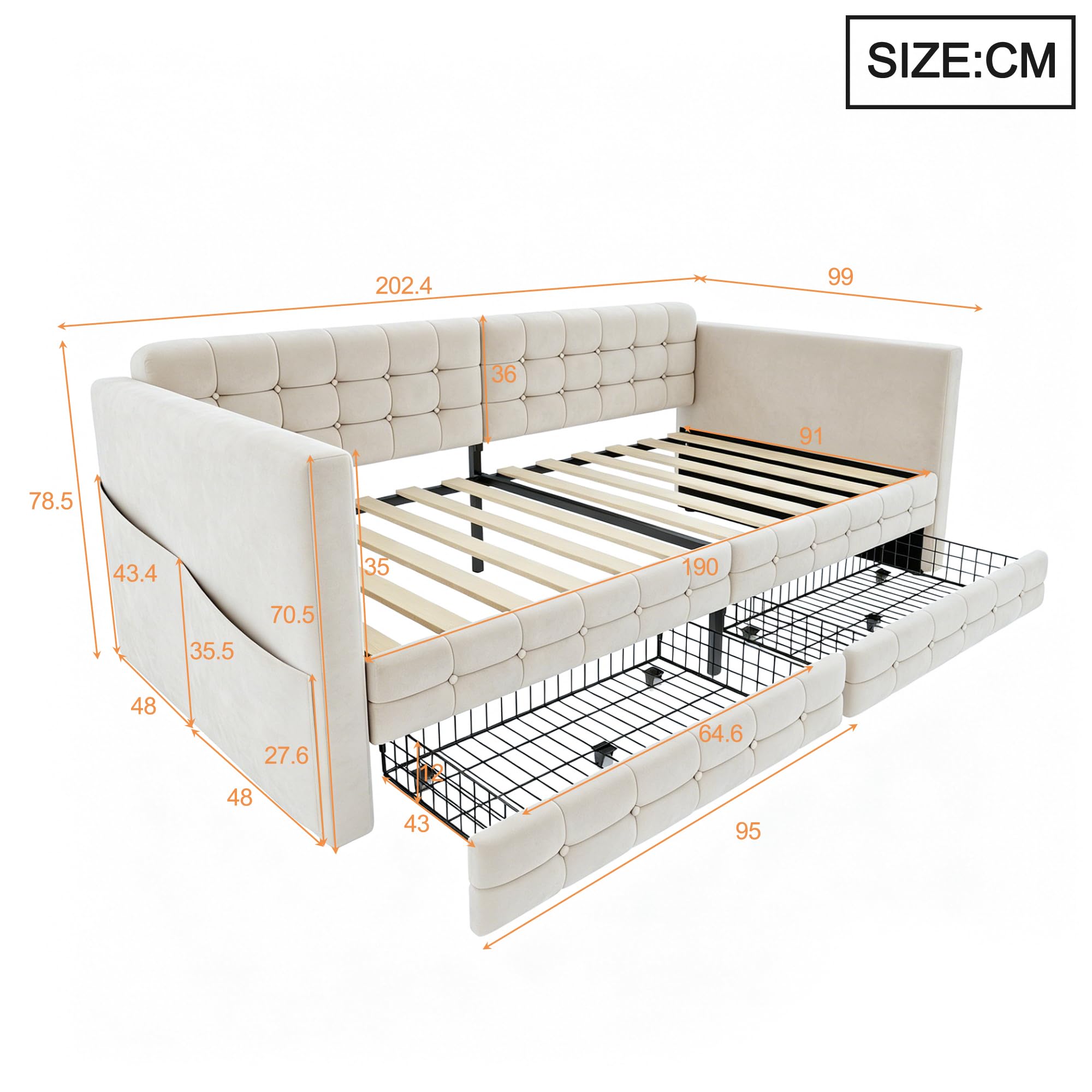 Estructura de Sofa Cama Individual 90x190cm Cama Tapizada con 2 Cajones Mueble Dormitorio Base de Cama Somier Madera Bolsillos Laterales Habitacion Invitados Terciopelo Beige
