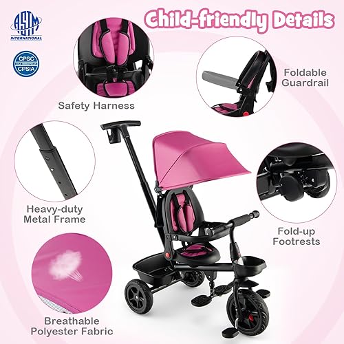 Miniatura 7 de HONEY JOY Triciclo, cochecito todo en 1 para niños con asa de empuje ajustable y toldo, asiento reversible, cinturón de seguridad, pedal plegable,