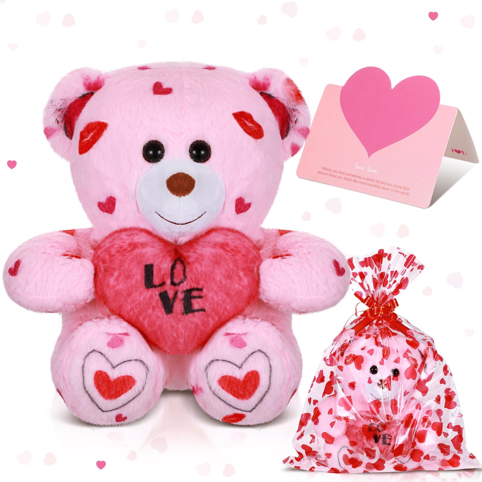 Stuffed Animals 12 Inch Valentine's Day Cute Plush Animals Stuff Animals with Heart Plastic Bags and Cards Soft Plush Toy for Valentine's Day Birthday Girlfriend (Bear)
