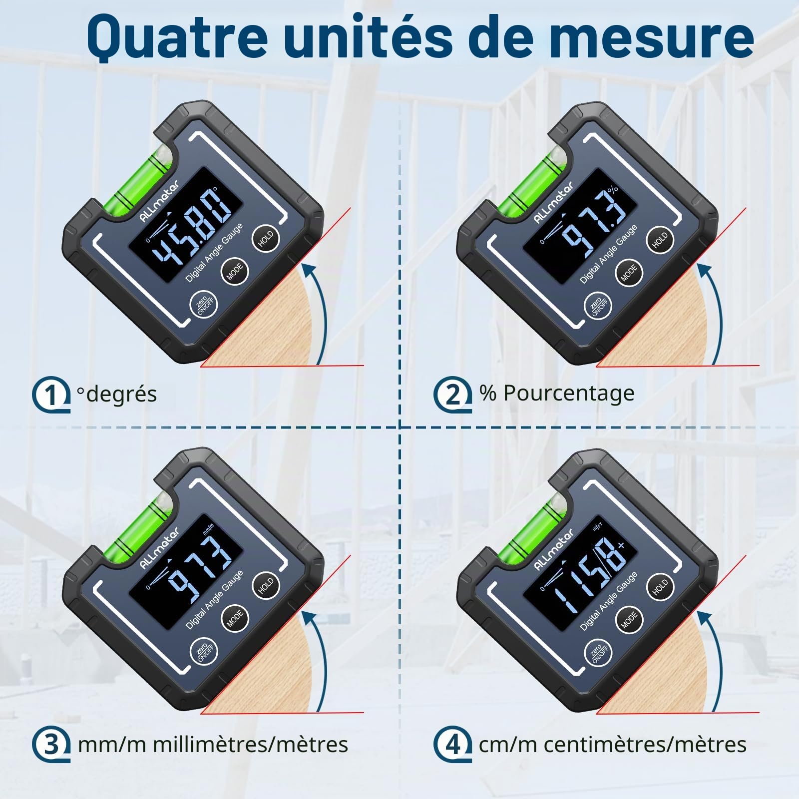 Inclinomètre Digital avec Niveau à bulle Rapporteur d'angle numérique 4 * 90 ° Base Aimant Rainure V Écran LCD VA rétroéclairé Pour Bricoleur, Menuiserie, Bâtiment, Automobile