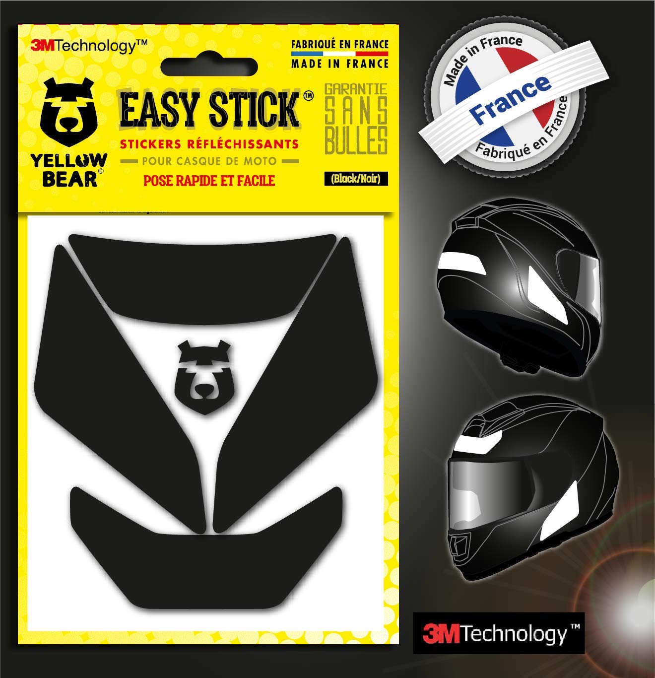 Fear The Yellow Bear© Easy Iron™ Repositionable Reflective Stickers for Motorcycle Helmet, 3M Technology, Approved Sizes Visible at Night for Your Safety