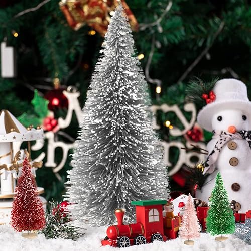 Miniatura 6 de 8 mini árboles de Navidad artificiales, árboles de cepillo de botella con base de madera, árbol de Navidad artificial de sisal escarchado, mini