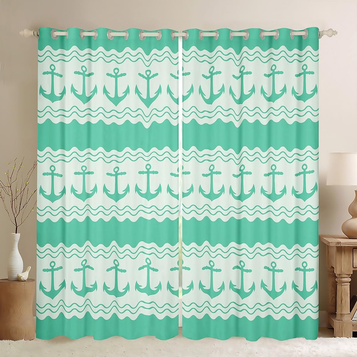 Manfei Anchor Window Curtains Nautical Theme Window Drapes, Mint Wavy Stripes Print Window Treatments, Kids Boys Girls Teens Room Decor, Grommet Top 2 Panel Set Bedroom Curtains, 38Wx45L inch