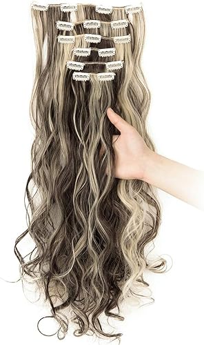 Miniatura 20 de Extensiones de pelo de 24 a 26 pulgadas, 6 unidades, 16 clips rizados, ondulados, rectos, gruesos, clip en extensiones de pelo sintético.