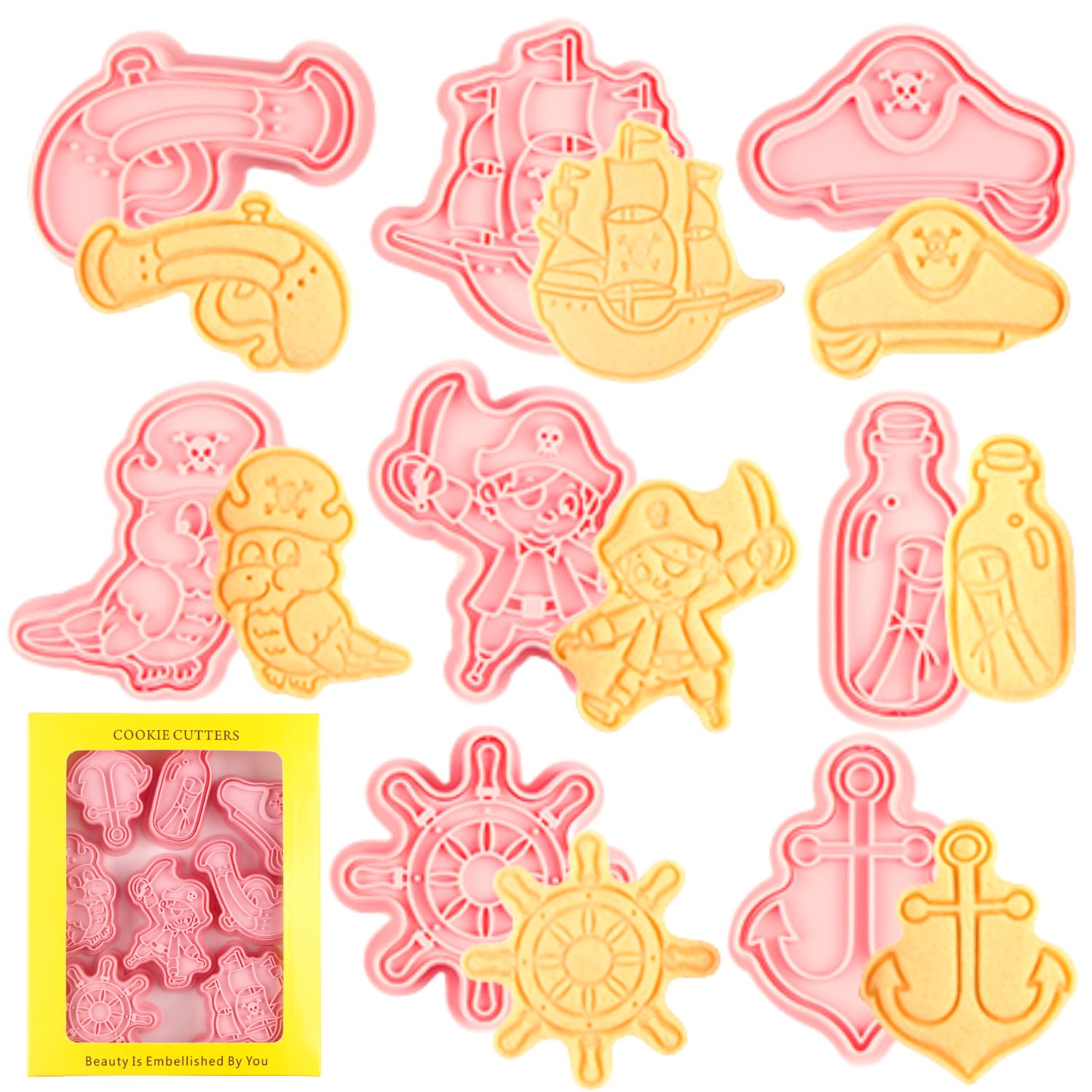 8-Piece Pirate Cookie Cutter Set – Pirate Ship, Captain & Anchor Shaped Plastic Biscuit Cutters with Stamps for Baking & Party Decorations