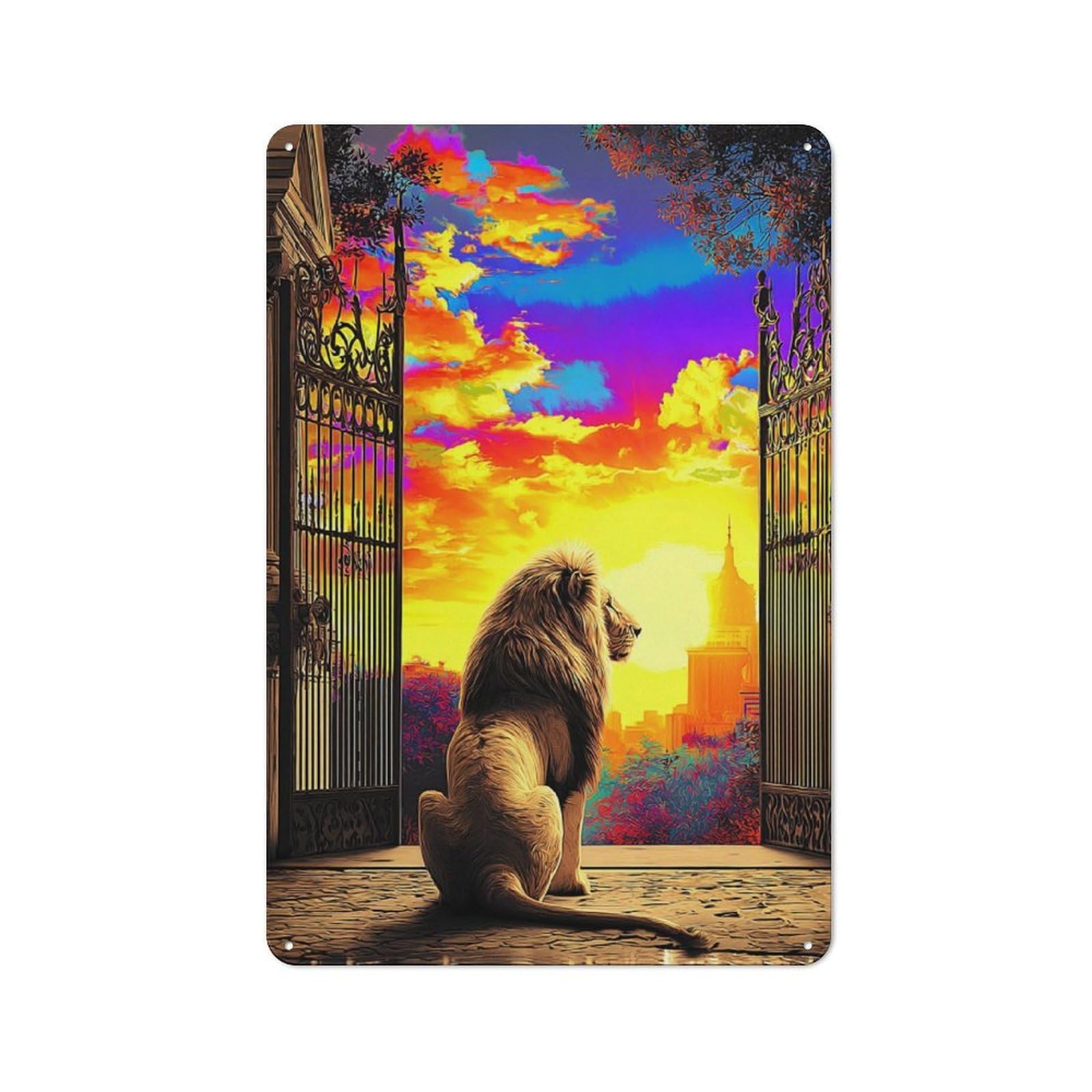 Junmoney Lion At The Gates Of A Vibrant Cityscape Vintage Metal Gift Sign 30X20cm, Home Wall Decor For Bedroom, Kitchen, Office Or Living Room