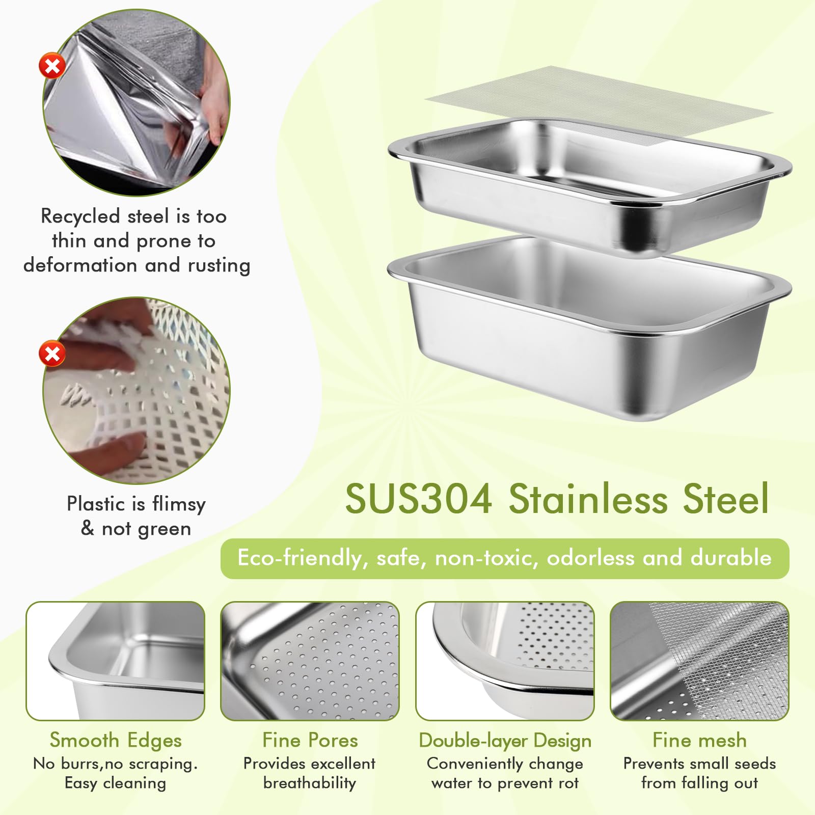 Set di 2 ciotole per germogli in acciaio inox per germogli, 26 x 19 cm, seed sprouter vassoio, set per la coltivazione di serre, ciotole per crescione, ciotole per germogli, microgreens