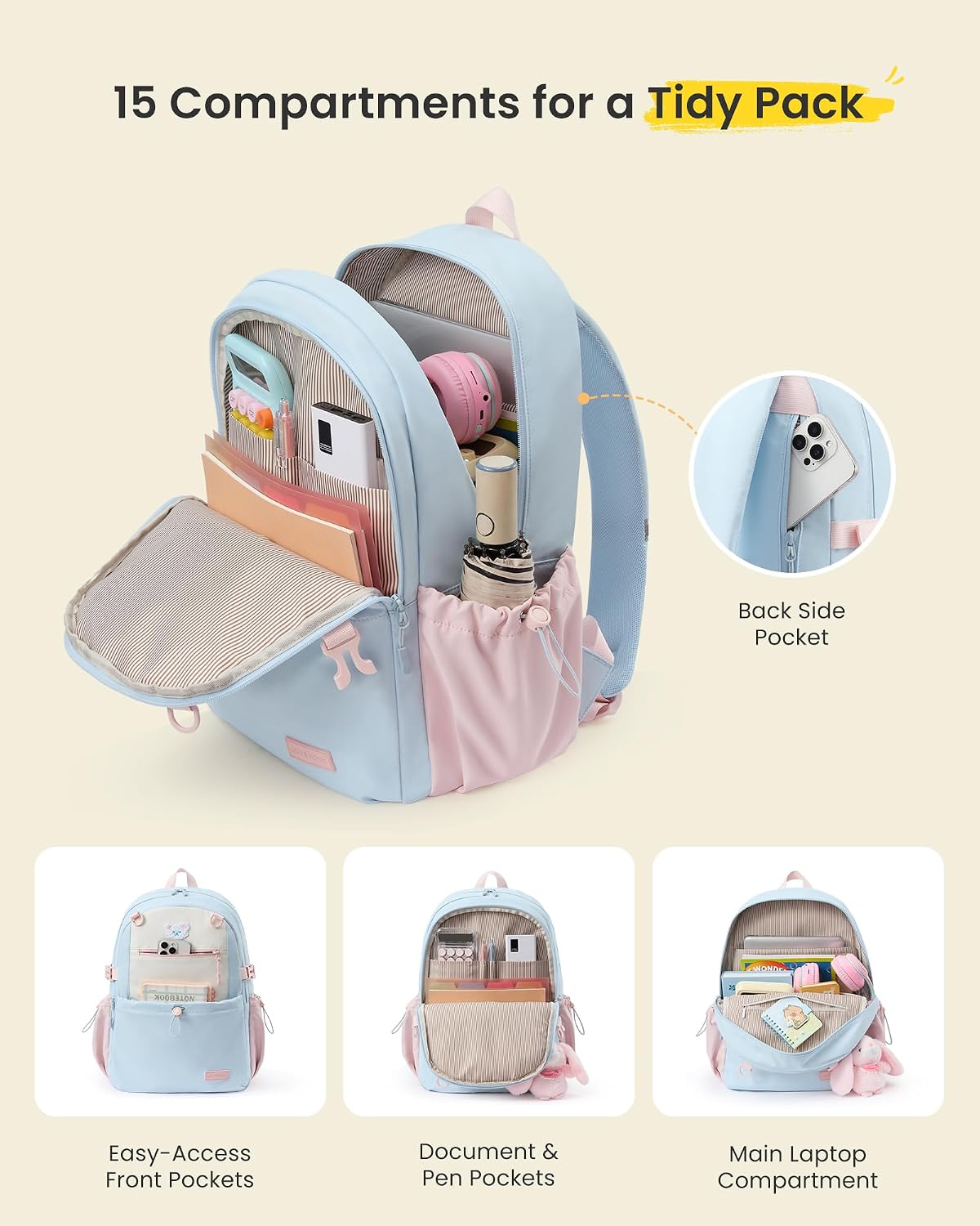  School Backpack for Girls Ages 8-14,Girls Backpack with Cup Holder | Purple丨Pencil Case丨Fits 15.6" Laptop 丨Breathable, Lightweight & Waterproof 丨 for Elementary & Middle School thumbnail