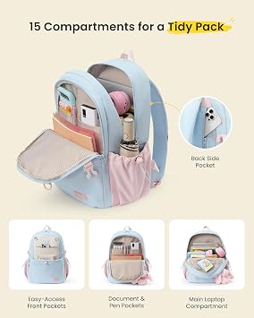 LOVEVOOK Backpack for Girls Ages 8-14, Cute School Backpack with Bunny Charm & Large Cup Holder for Elementary & Middle School, Fits 15.6 Inch Laptop, Large Capacity Girls Bookbag,Sky Blue-Pink-Beige