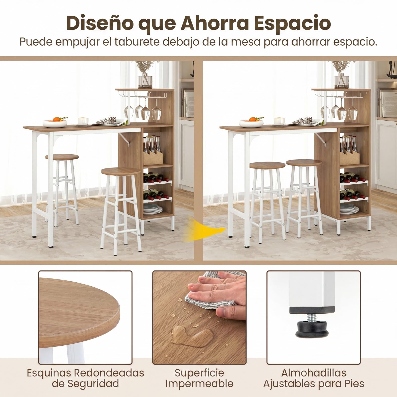 COSTWAY Juego de 3 Piezas Mesa y Sillas de Bar, Mesa y Taburetes Industriales con Soportes para Copas de Vino y Estantes para 6 Botellas de Vino, Juego de Mesa para Comedor Cocina (Natural)