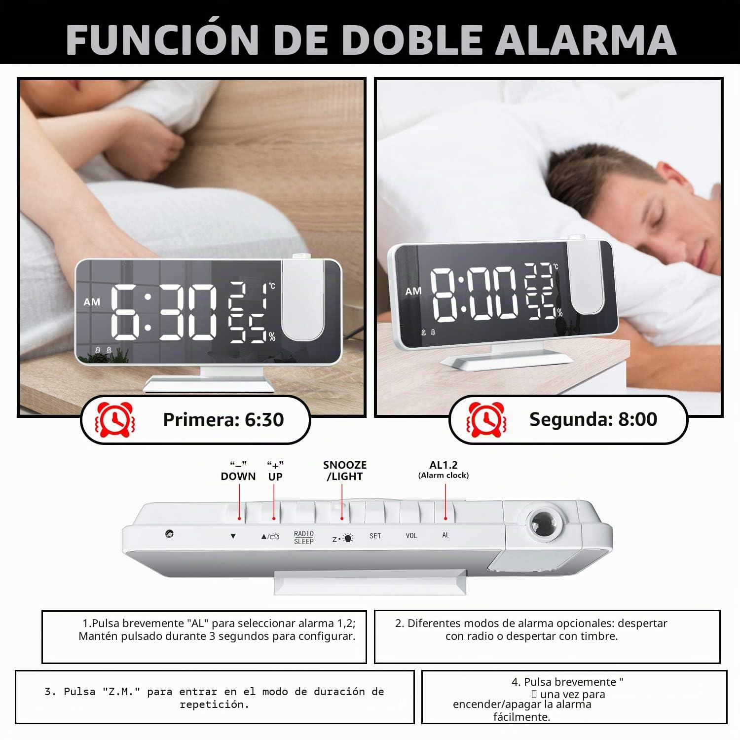 Despertador de Proyección Reloj Digital LED con Cargador Puerto USB Alarma Dual Radio FM, Temperatura Humedad 12/24H, Volumen Ajustable Brillo, Blanco