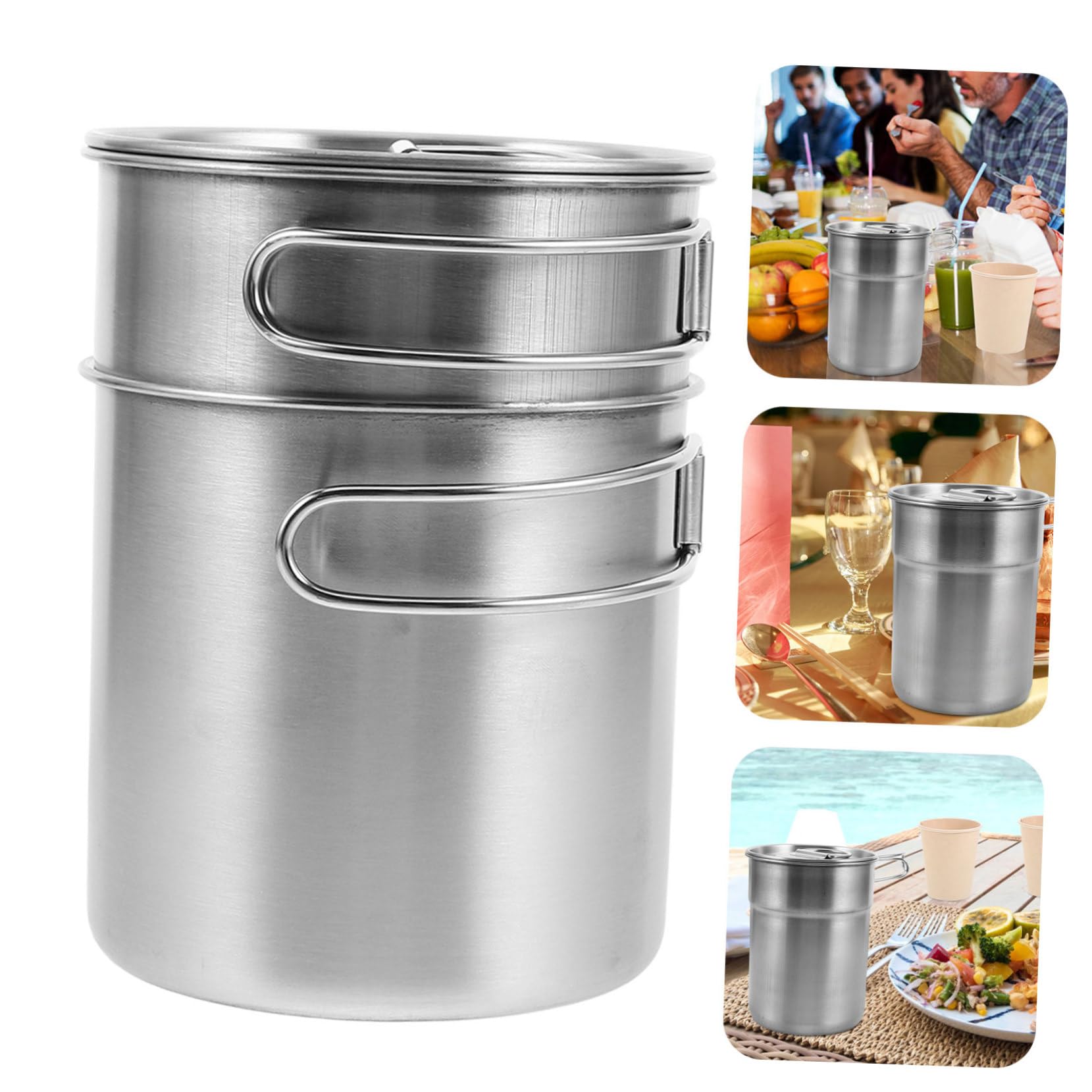 Abaodam Edelstahl Becher 2 Stück mit Klappbarem Griff, Silber, Rund | Aluminiumbecher, Faltbarer Kaffeebecher, Latte Tassen, Kleiner Campingtopf, Isolierte Trinkbecher, Oktoberfest Deko