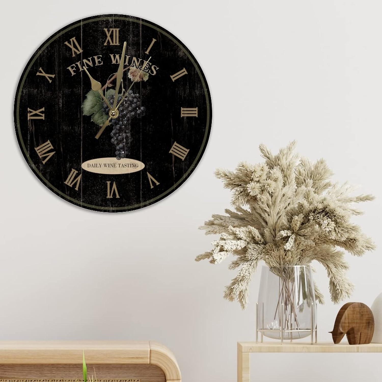 Fine Wines Black Hanging Wall Clock 12Inch Round Clocks Vintage Grapes Wood Wall Clocks Silent Battery Operated Wall Clock Shabby Chic for Laundry Room Bedroom Birthday Housewarming Gift