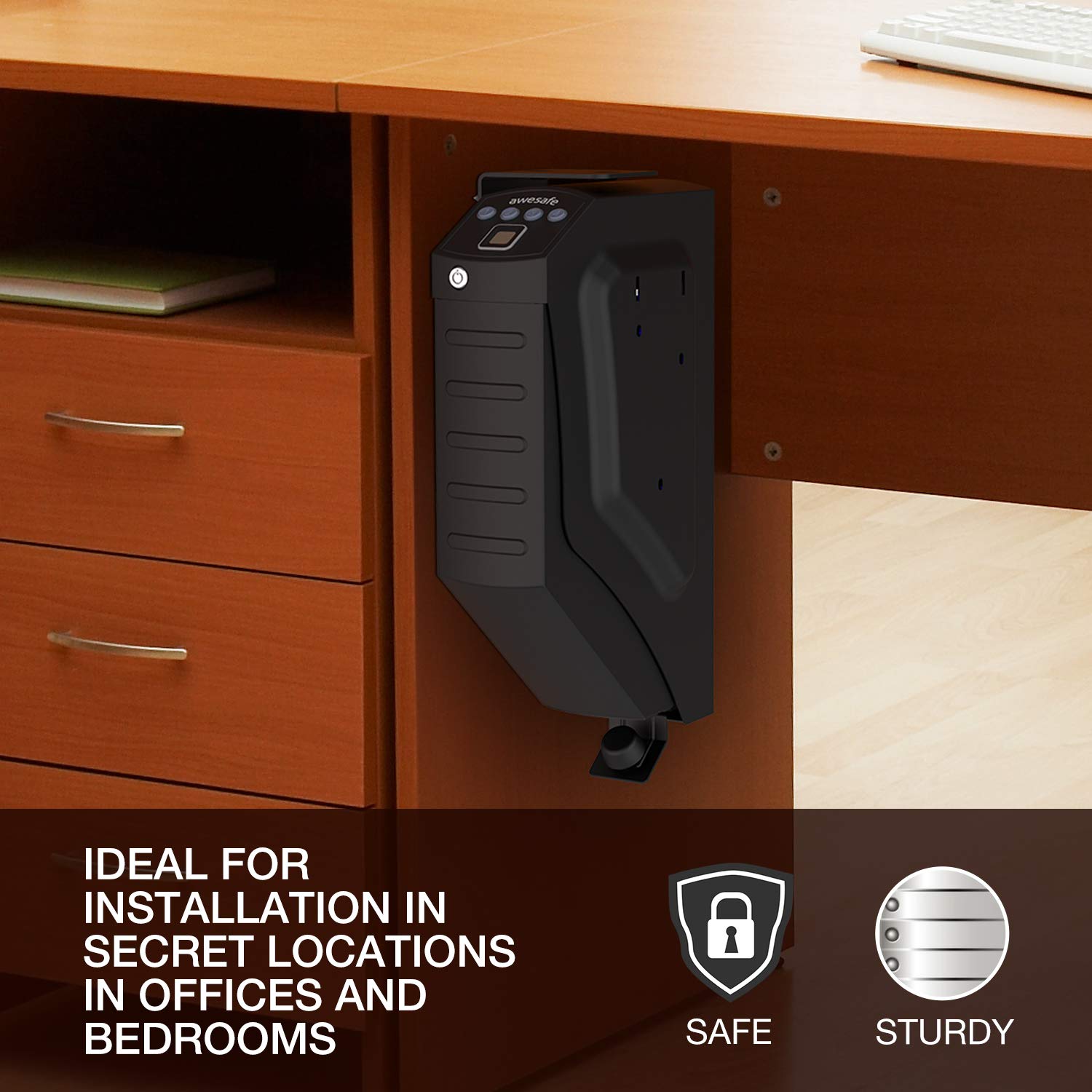 awesafe Mounted Gun Safe, Drop Down Biometric Handgun Safe Quick Access for Nightstand Wall