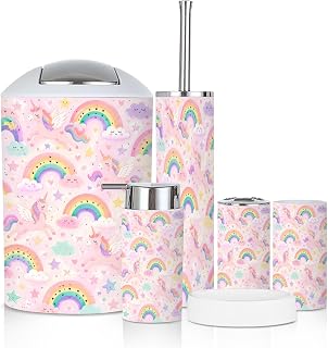 Bathroom Accessory Set 6PCS Rainbow Kids Cliparts Set Trash Can, Soap Dispenser, Toothbrush Holder, Toothbrush Cup, Toilet Brush Holder, Soap Dish for Gift