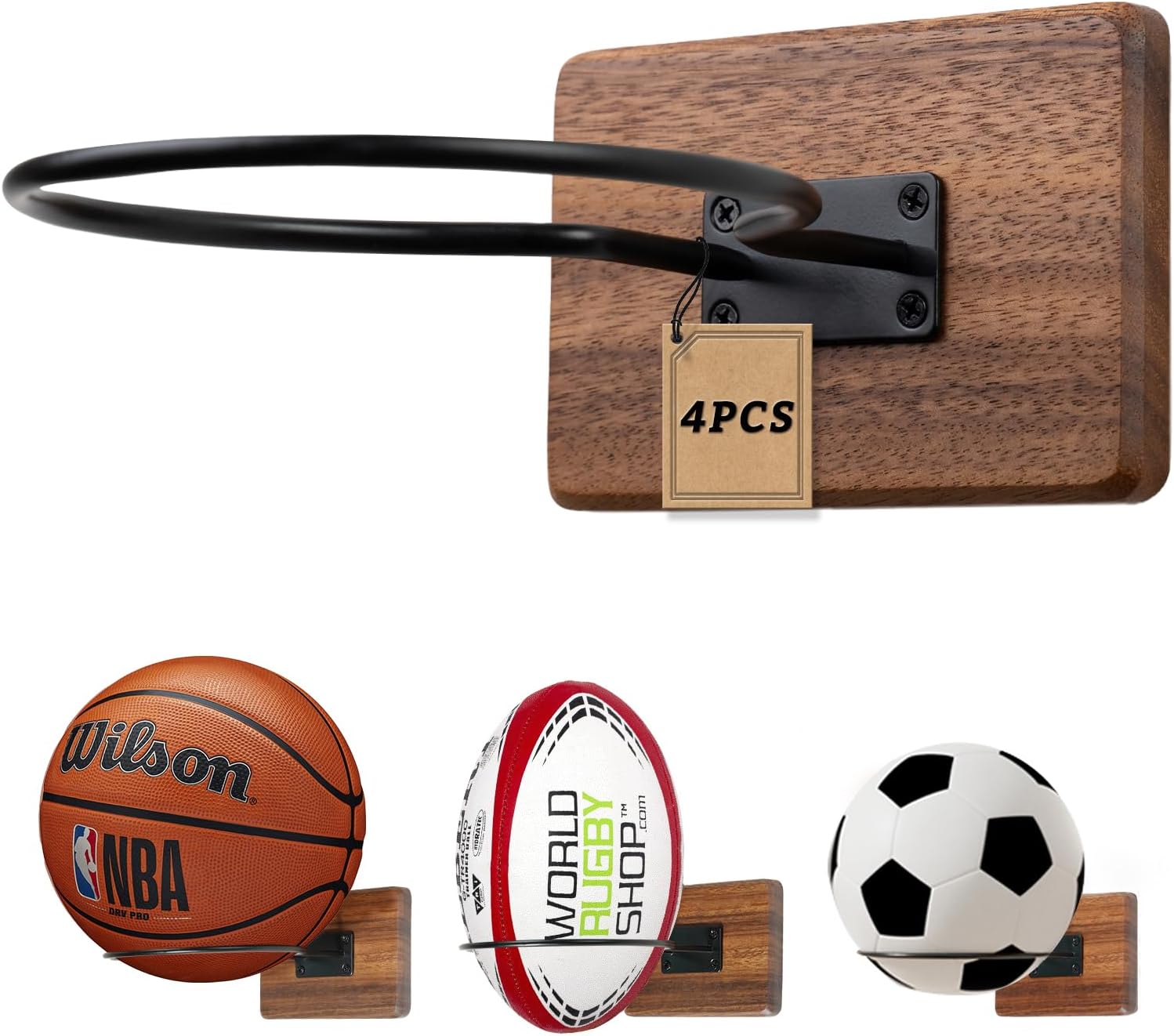Basketball Holder Wall Mount, Solid Wood Ball Holder for Storage Soccer Volleyball Football Autograph Ball Metal, Basketball Rack Display for Boys Sports Accessories Organizer & Wall Decor