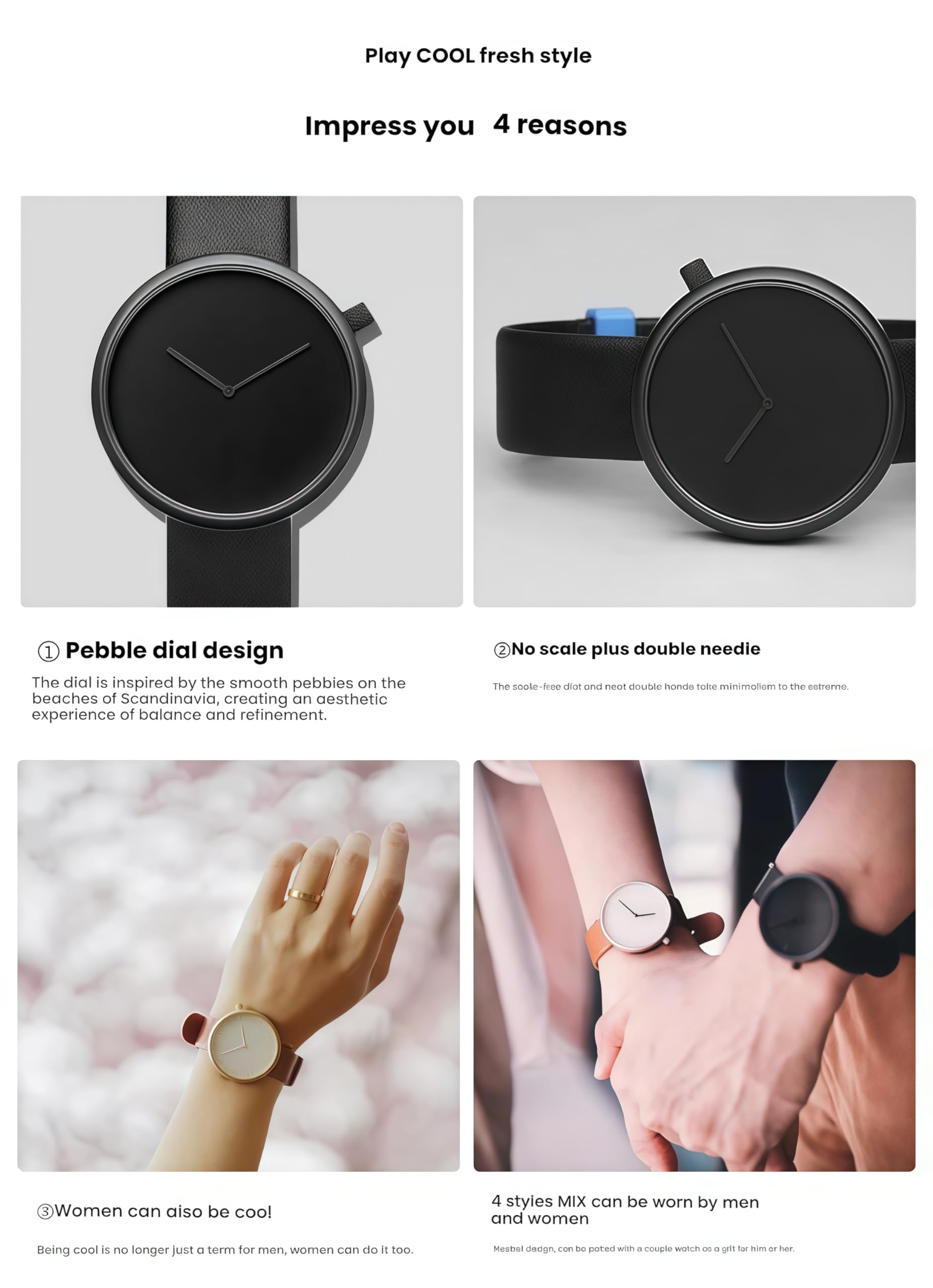 Gosasa Montre à quartz minimaliste unisexe - Cadran de 4 cm - Bracelet en cuir véritable - Ultra-mince 0,8 cm - Étanche jusqu'à 30 m - Simple - Analogique - Pour homme et femme