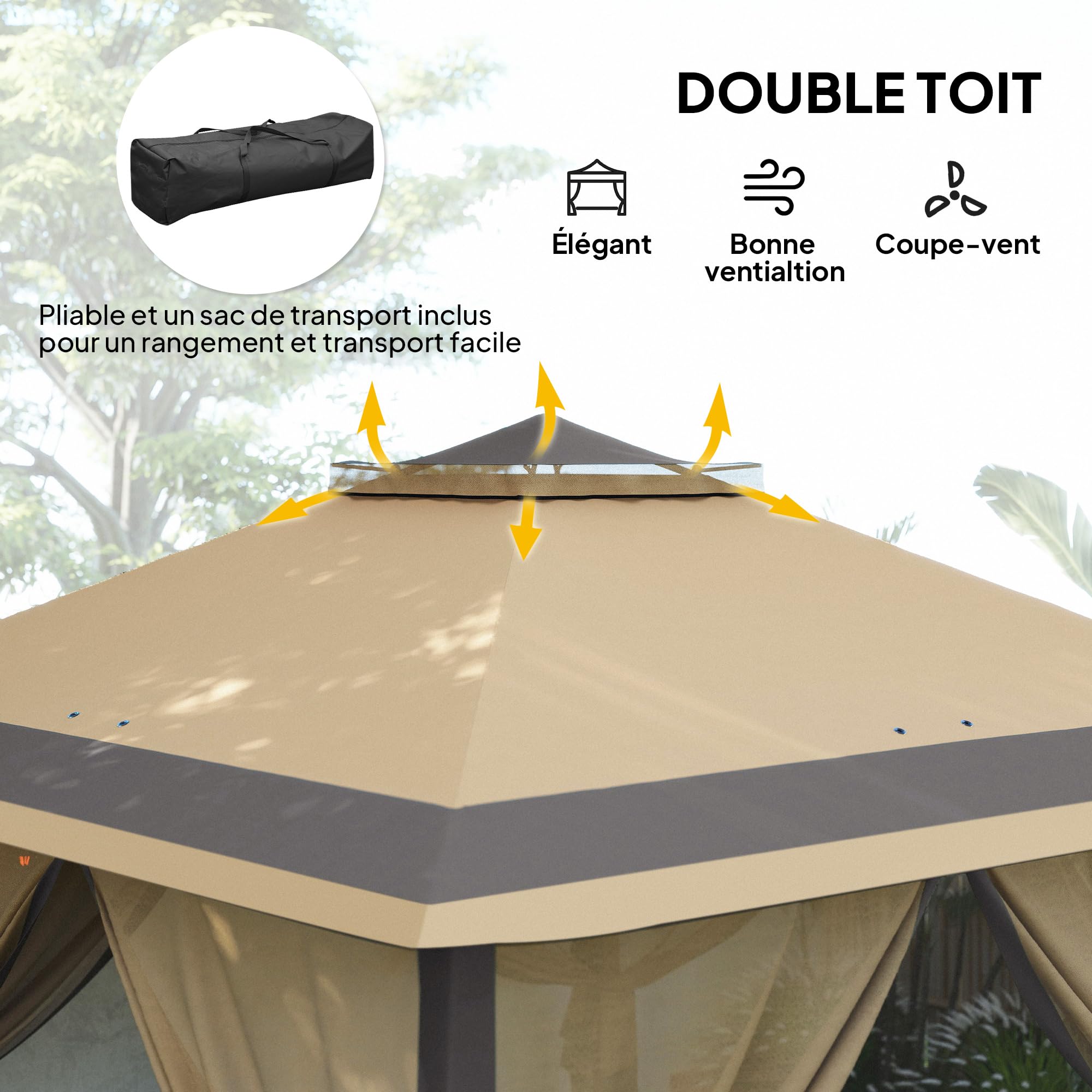 Outsunny Tonnelle Pliante Pop-up Double Toit 3,3x3,3m Beige et Marron