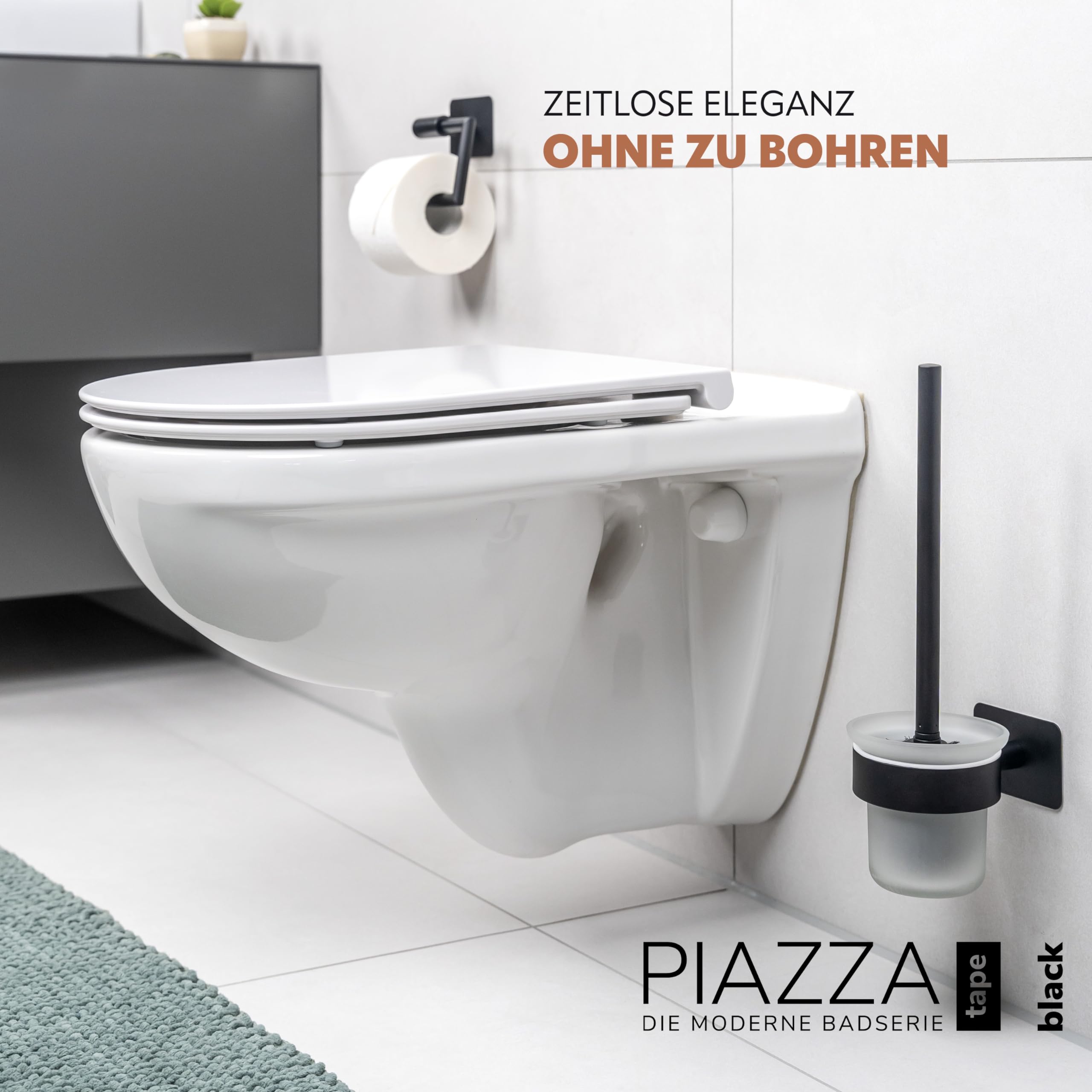Bremermann Bad-Serie Piazza Black Tape WC-Garnitur - Selbstklebend Mit 3M Klebeband, Schwarz, Kein Bohren Nötig