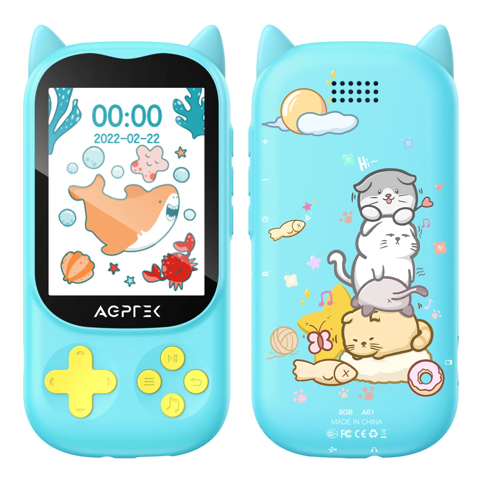 MP3 Player for Kids, AGPTEK A61 8GB Kid Music Player with Bluetooth 5.3, 2.4 Inch Color Screen Built-in Speaker, FM Radio, Voice Recorder, Expandable Up to 128GB (Blue)