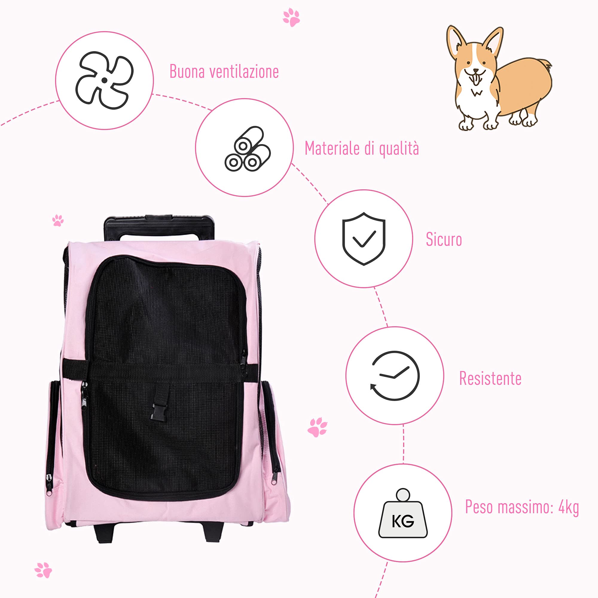 PawHut Trasportino Zaino 2 in 1 per Cani e Gatti, 42x25x55cm, Rosa