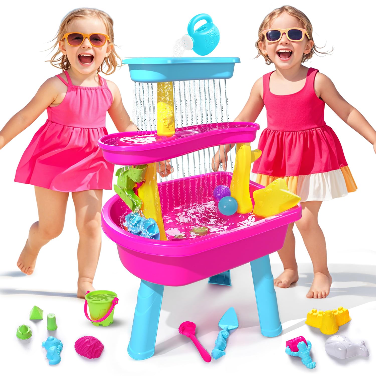 VATOS Mesa de agua de 3 niveles para niños 1-3, 37 piezas mesa de agua para niños lluvia ducha Splash Pond Set para patio trasero al aire libre, actividad sensorial mesa de agua arena mesa de verano