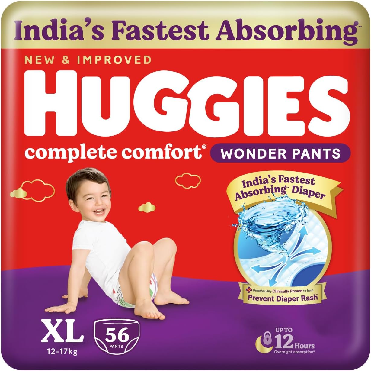 Complete Comfort Wonder Pants | Pant Style Baby Diapers Extra Large Size (XL), 56 Count | India's Fastest Absorbing Diaper, Prevents Diaper Rash, Ideal for 12 to 17 Kgs