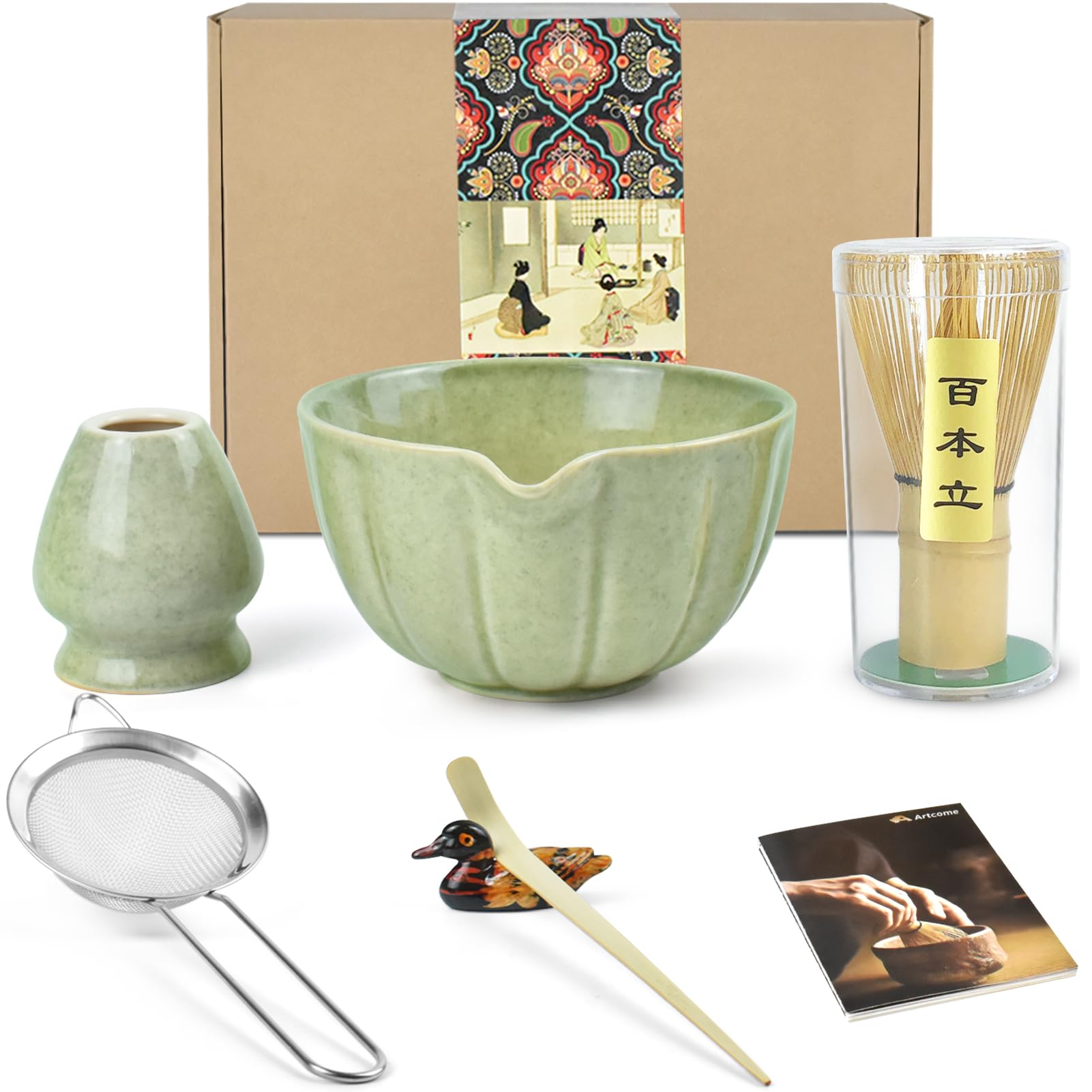 Artcome 6 Pcs Japanese Matcha Tea Set, Matcha Bowl with Pouring Spout, Matcha Whisk, Tea Scoop, Whisk Holder, Handmade Matcha Ceremony Kit For Japanese Tea Ceremony
