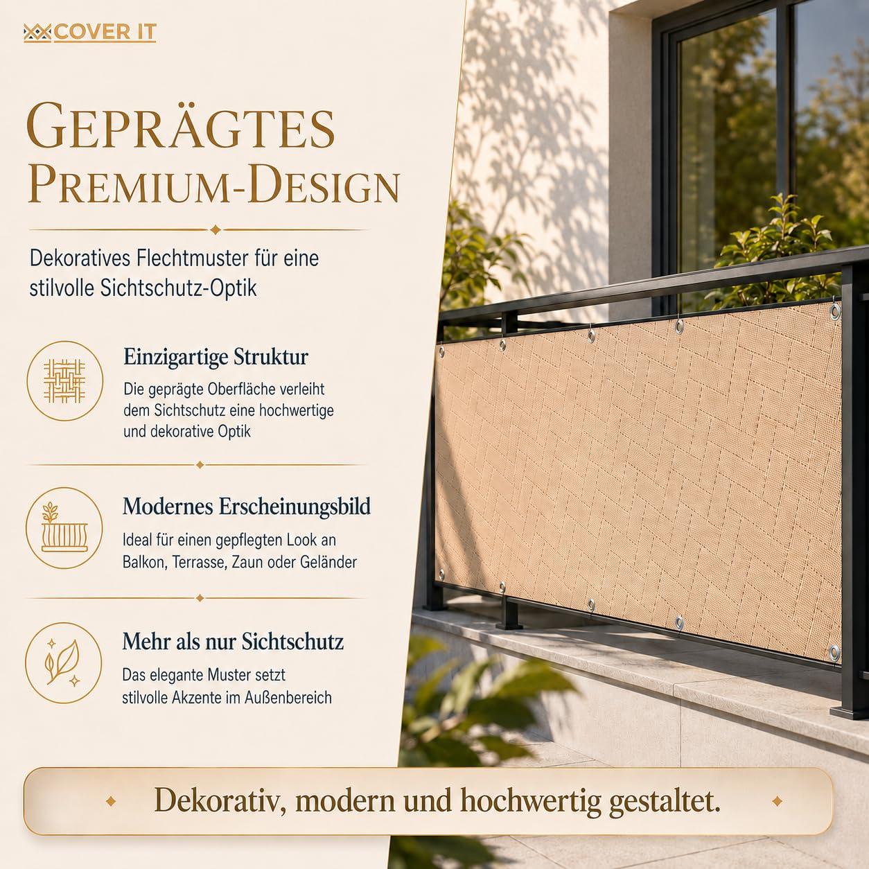 COVER IT Balkon Sichtschutz Premium 240g/m2 nach Maß 115 cm Beige