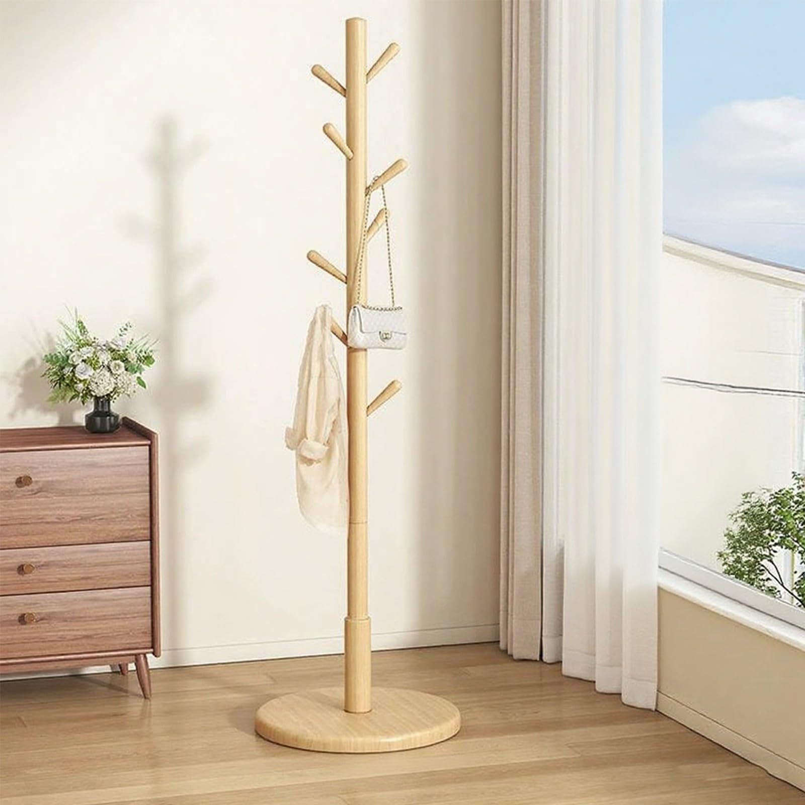Porte-manteau sur pied en bois avec 8 crochets – Assemblage facile pour chambre à coucher, couloir, entrée et bureau – Idéal pour manteaux, chapeaux, écharpes et sacs à main
