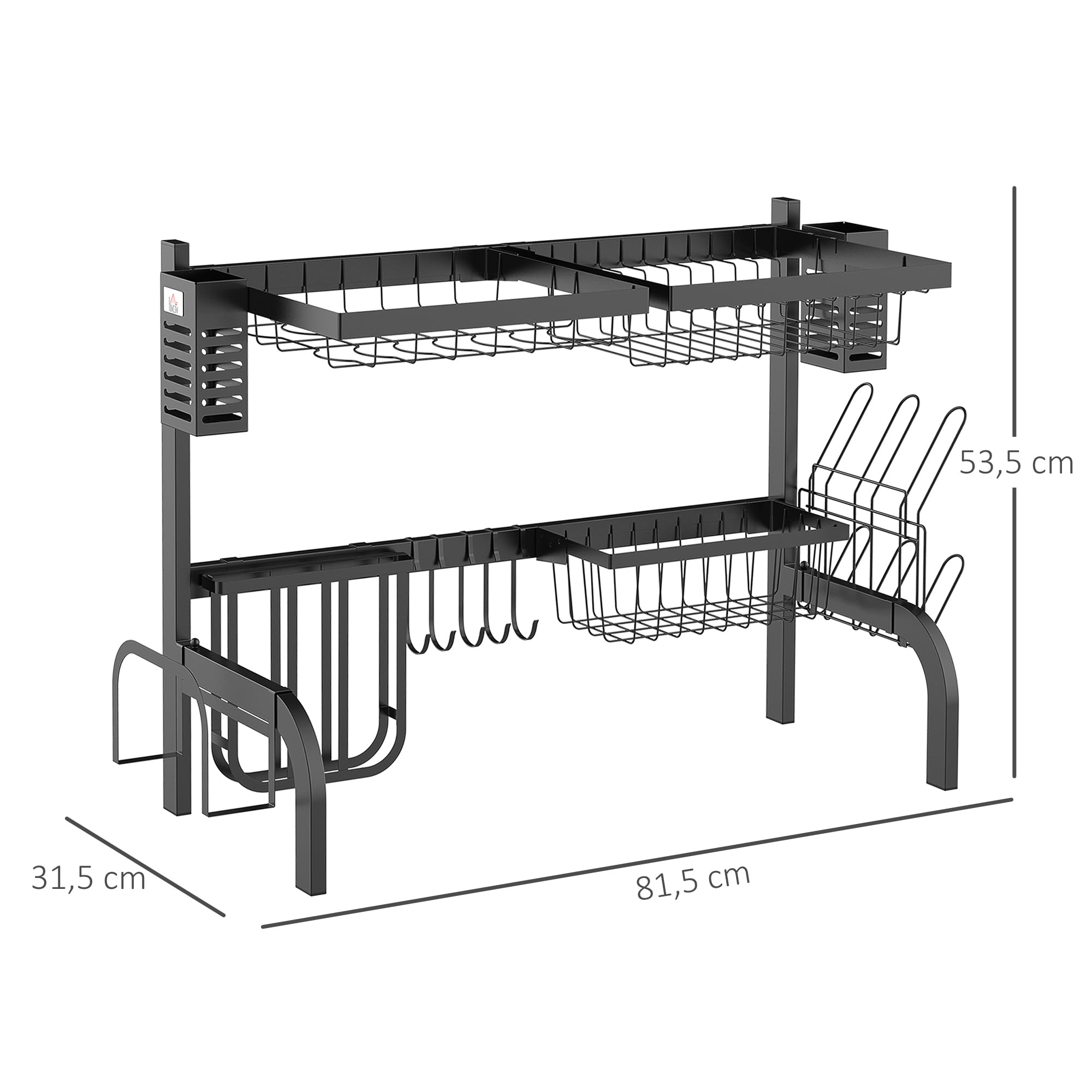 HOMCOM Over Sink Dish Drainer 2 Tier Black Steel | Modular Dish Dryer, Utensil Holder, Chopping Board Holder, Storage, Kitchen Organization