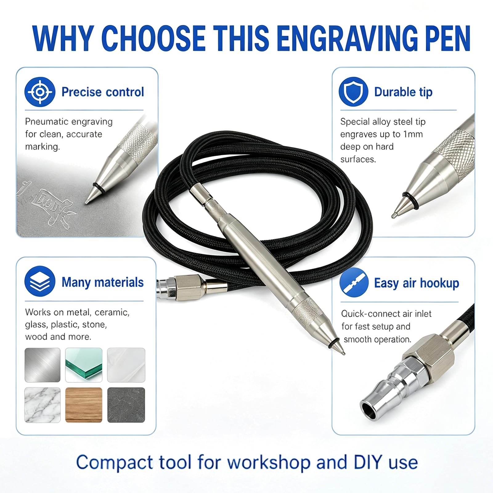 Stylo de gravure pneumatique, outil de gravure de précision pour métal, pierre, verre, bijoux – Fréquence de vibration de 3400/min, entrée d'air de 0,6 cm, pression de fonctionnement de 0,8 MPa