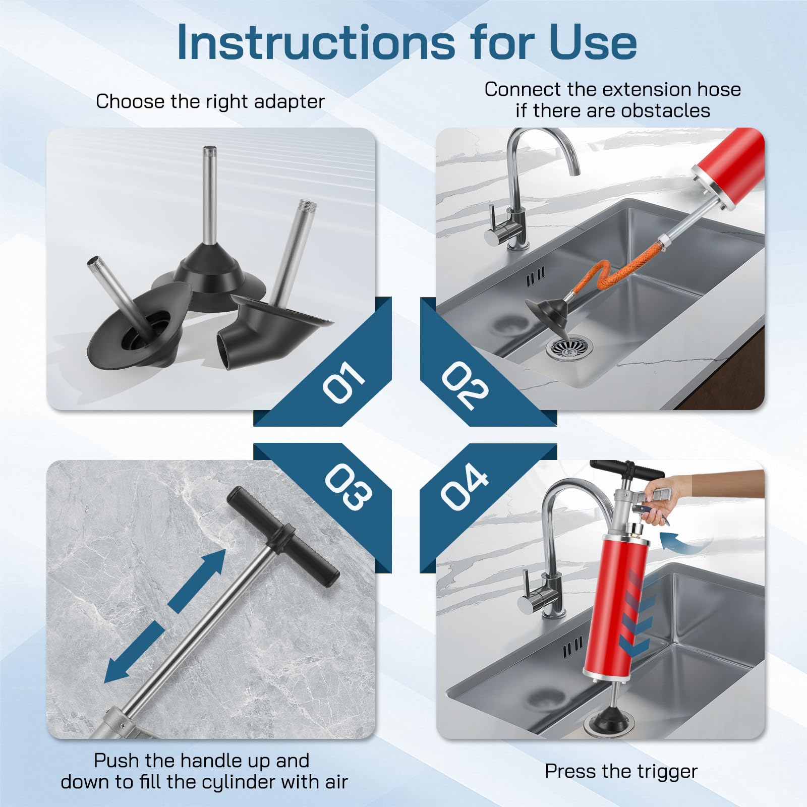 Desatascador Tuberias a Presion con indicador de presión de aire, desatascador de inodoros con 2 ventosas, limpiador de tuberías con aire comprimido para lavabos, baños, duchas y cocinas - 4