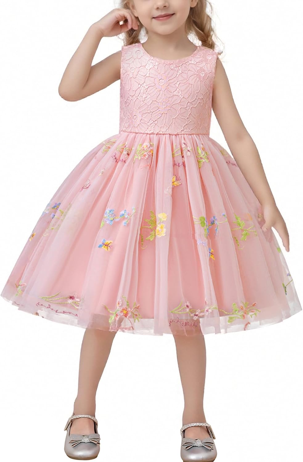 Girls Sleeveless Tulle Dress Floral Embroidered Tutu Princess A Line Gown Wedding Birthday Party Dress