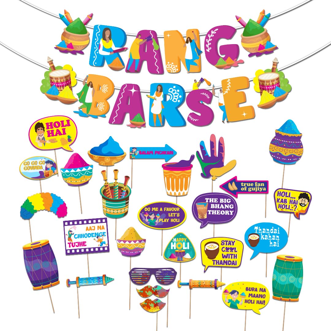 Festiko Happy Holi Decoration Combo 27 Pcs Of Photo Booth Props+1 Set Banner, Items For Party Decorations Colourful (Pack 28) Festival