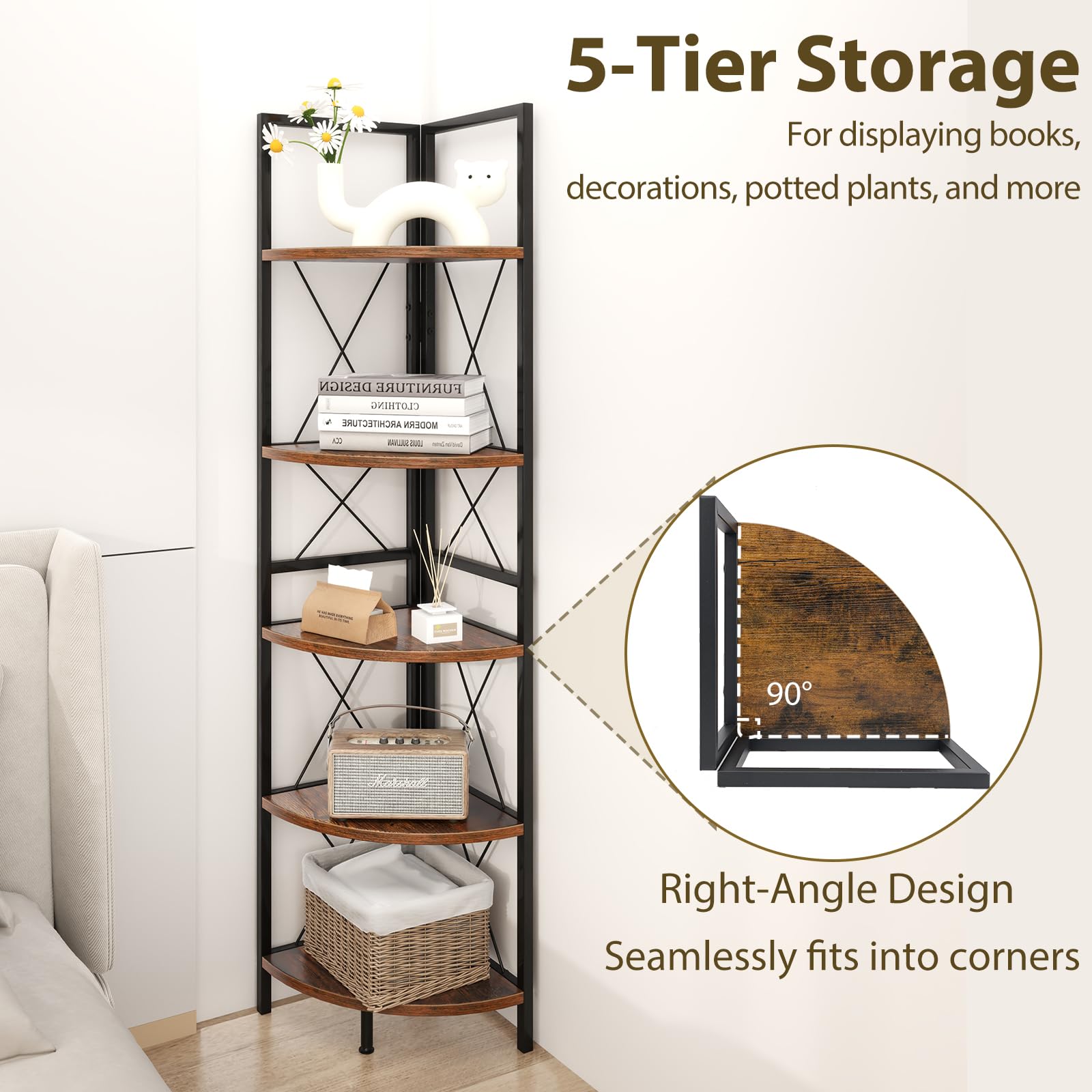 GIANTEX Mensola Angolare a 5 Ripiani, Scaffale Industriale con Struttura, Unità di Stoccaggio Multiuso per Soggiorno, Camera da Letto e Cucina, Marrone/Grigio (Marrone)