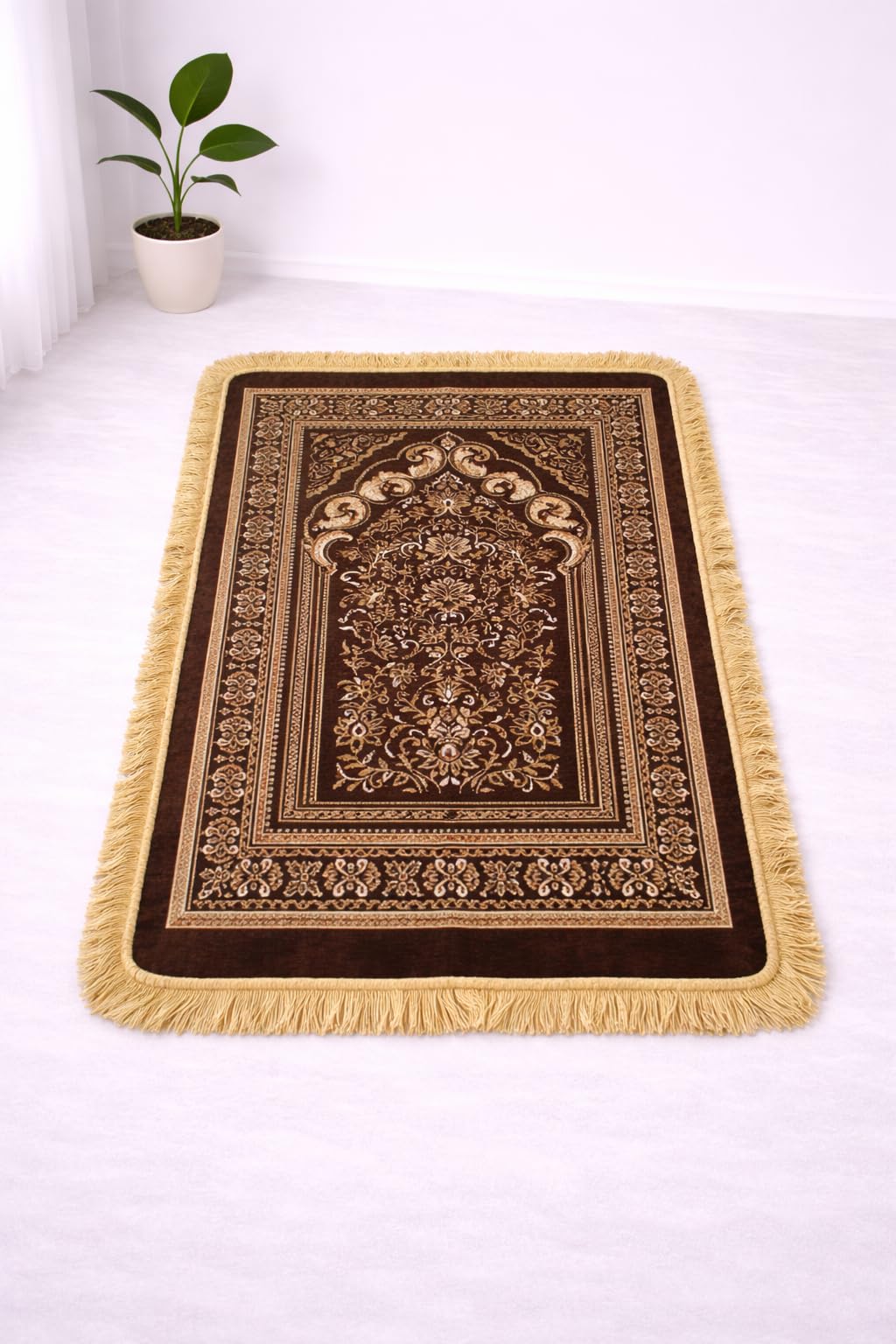Premium Velvet Aasan/Prayer/Meditation Mat Janamaz for Namaz Muslim||48x30 Inch,Dhruv Gold-Brown1-image-25