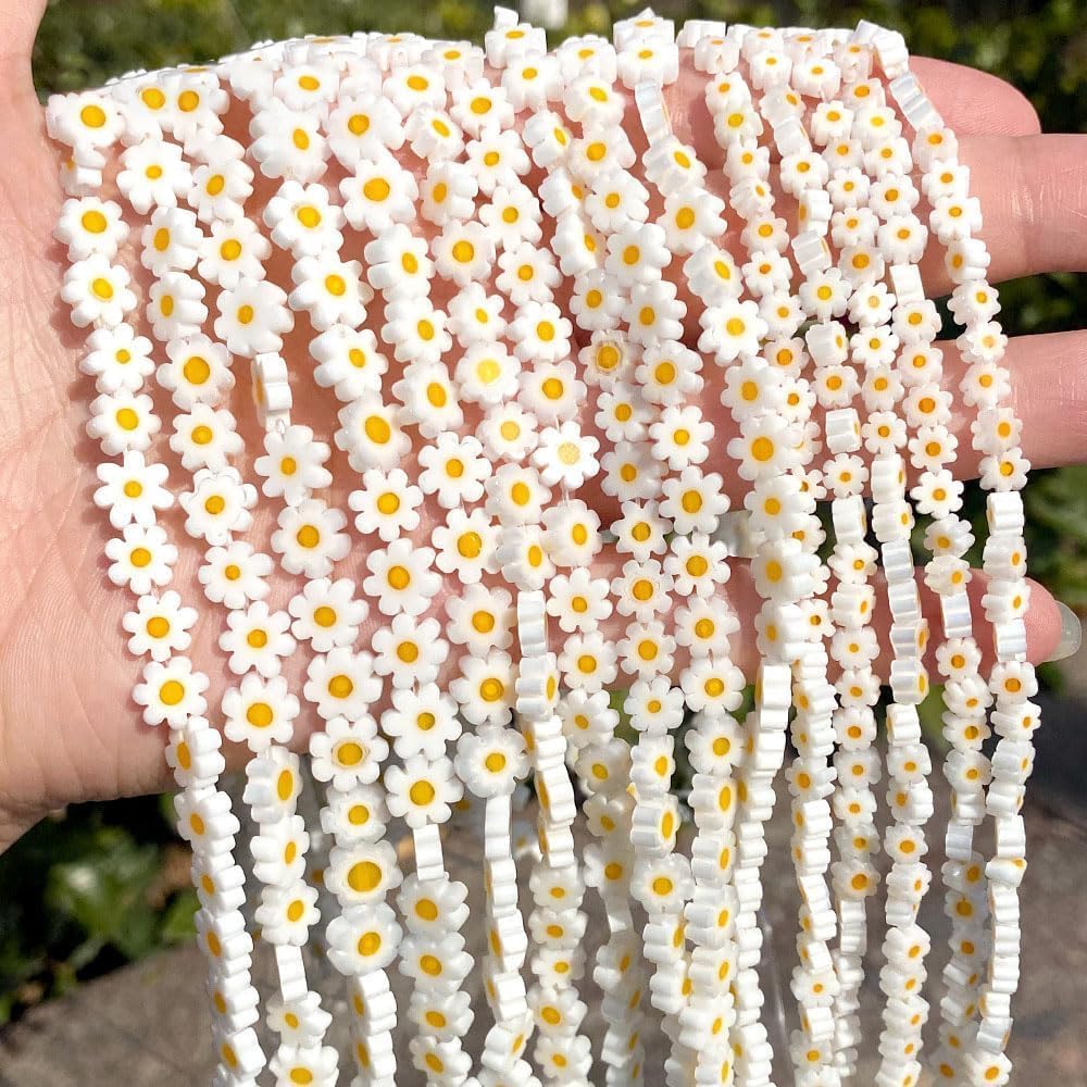 60 Pcs Daisy Glass Beads Handmade White Daisy Flower Beads Flat Small Flower Loose Spacer Bead for DIY Bracelets Necklace Earrings Beading Jewelry Making (6mm)